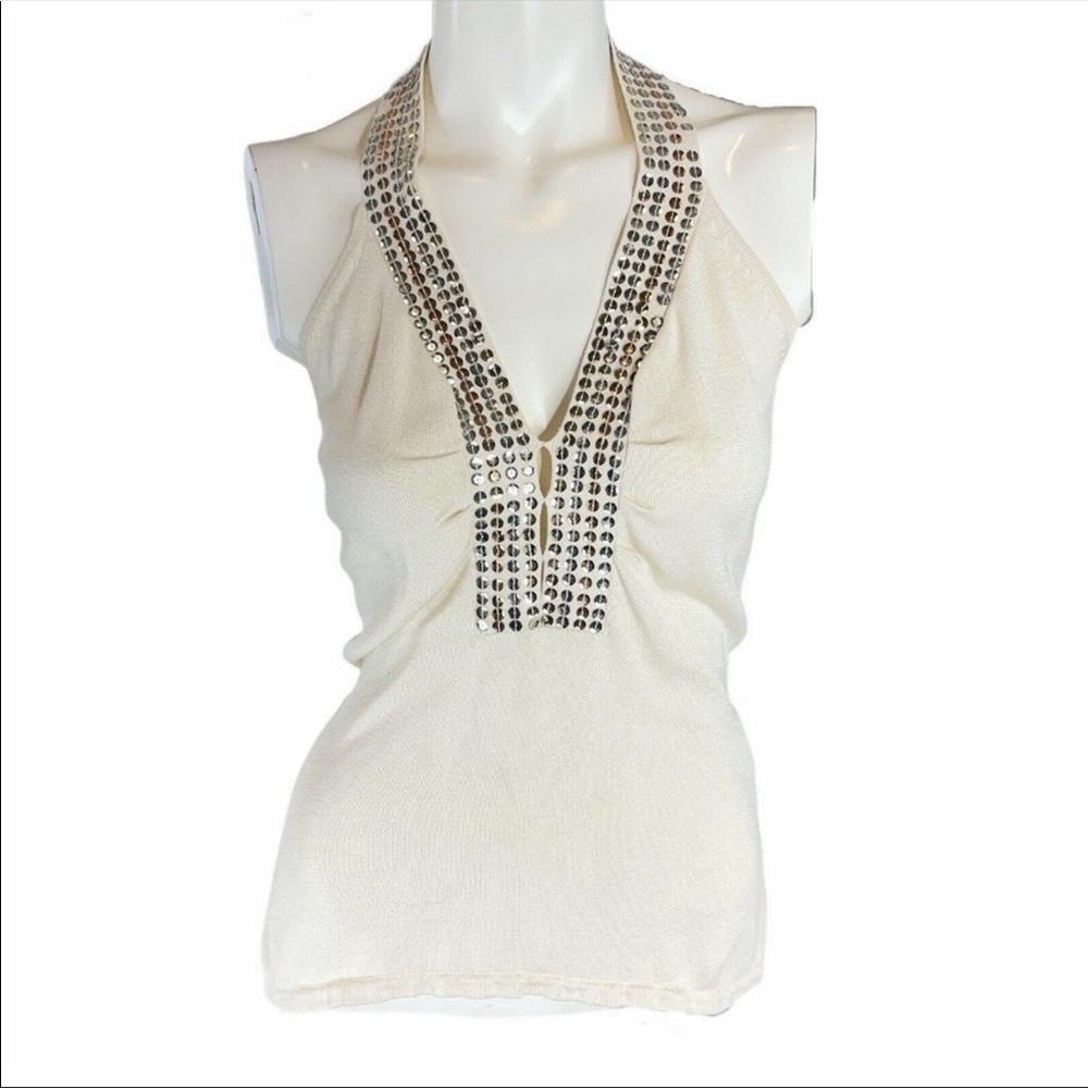 White sequin BeBe halter top